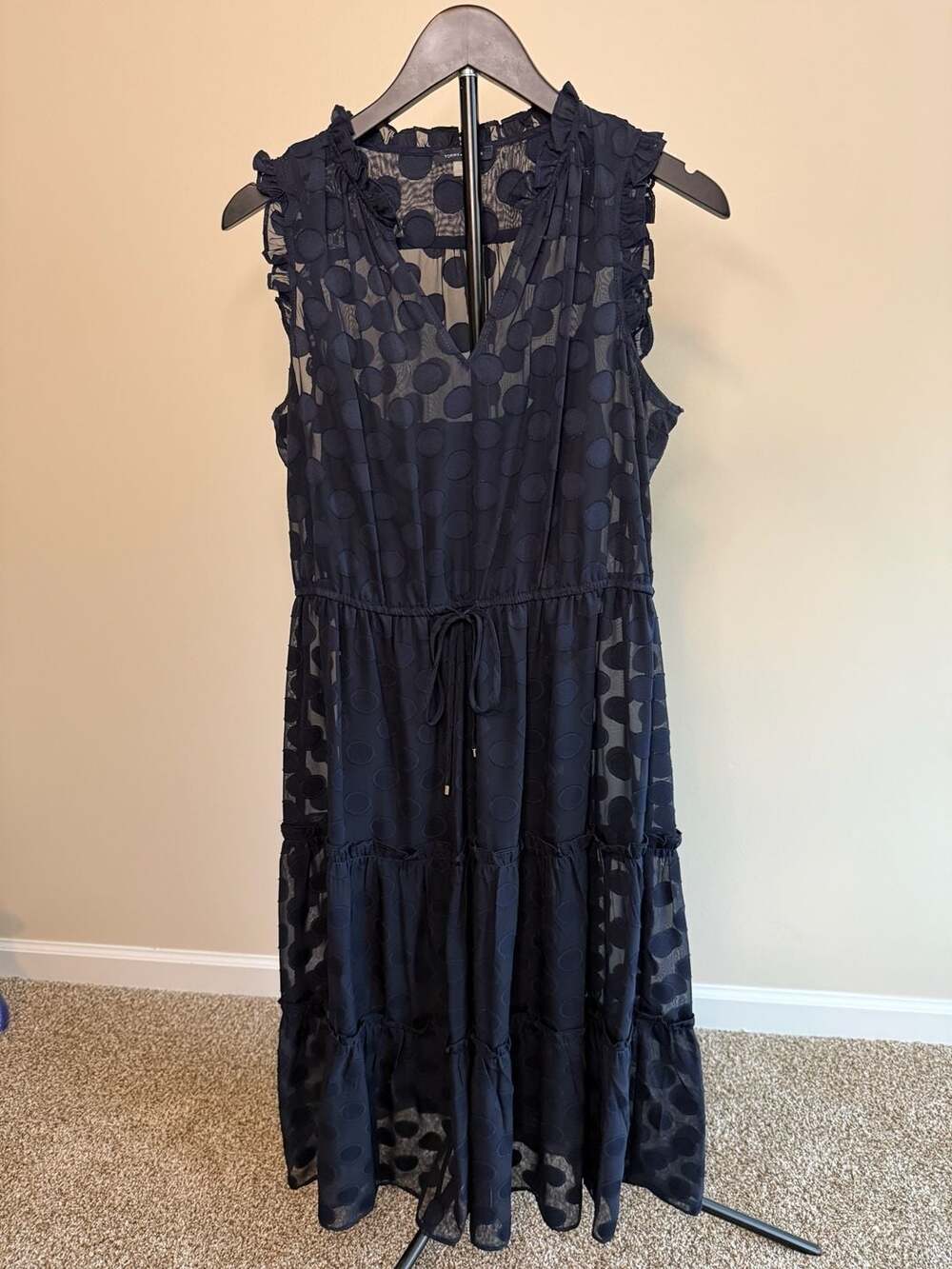 Tommy Hilfiger Navy Blue Burnout Polka Dot Ruffle Tiered Midi Dress